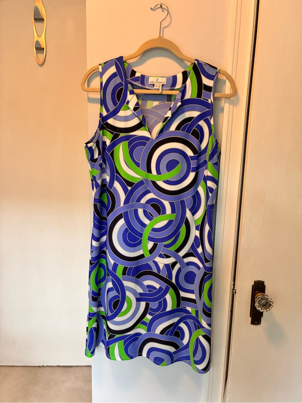 Jude Connally Blue, Green & White Geometric Mini Dress